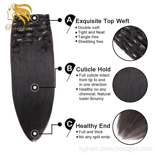 Lsy High Quality Wholesale Natural Black Color 1B Clip In Human Hair Extension Clipin